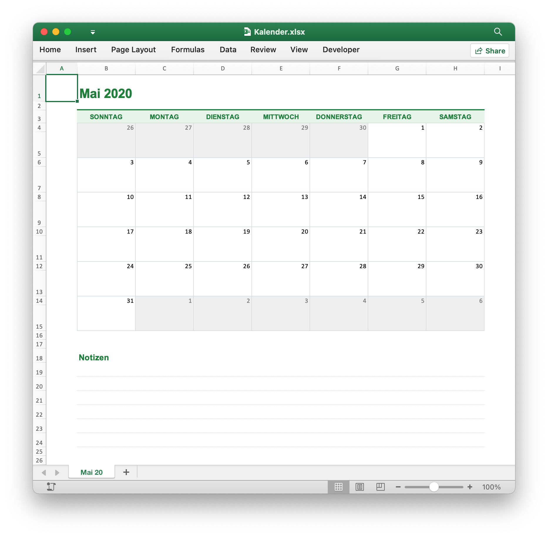 Erstellen Sie einen Kalender mit Excelize in der Sprache Go