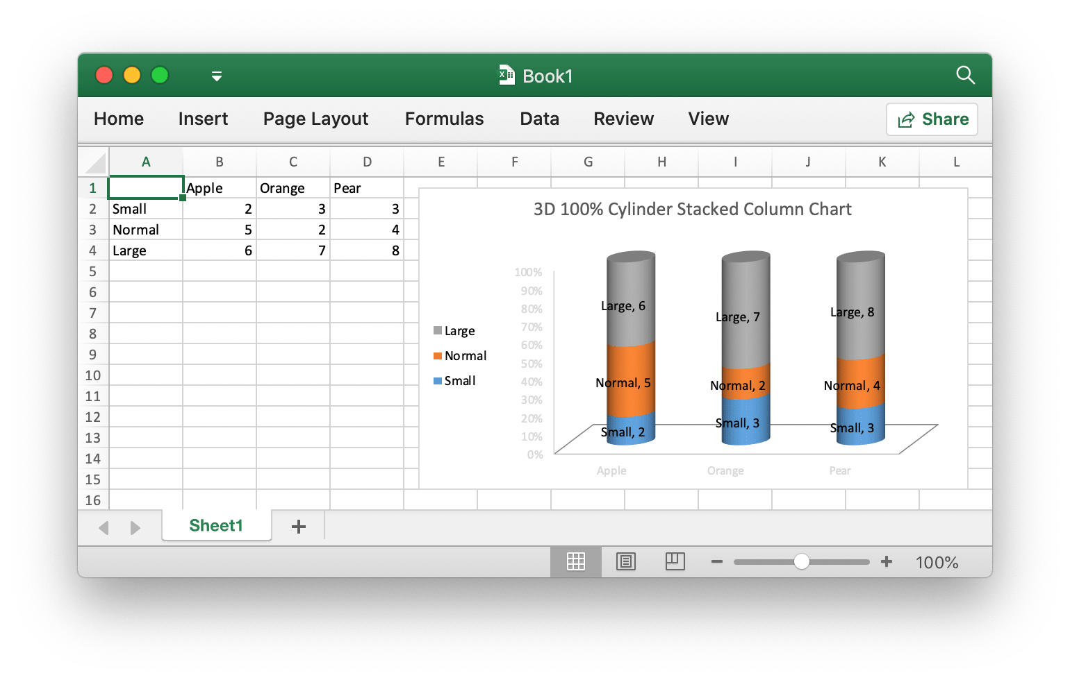 create 3D 100% cylinder stacked column chart with excelize using Go