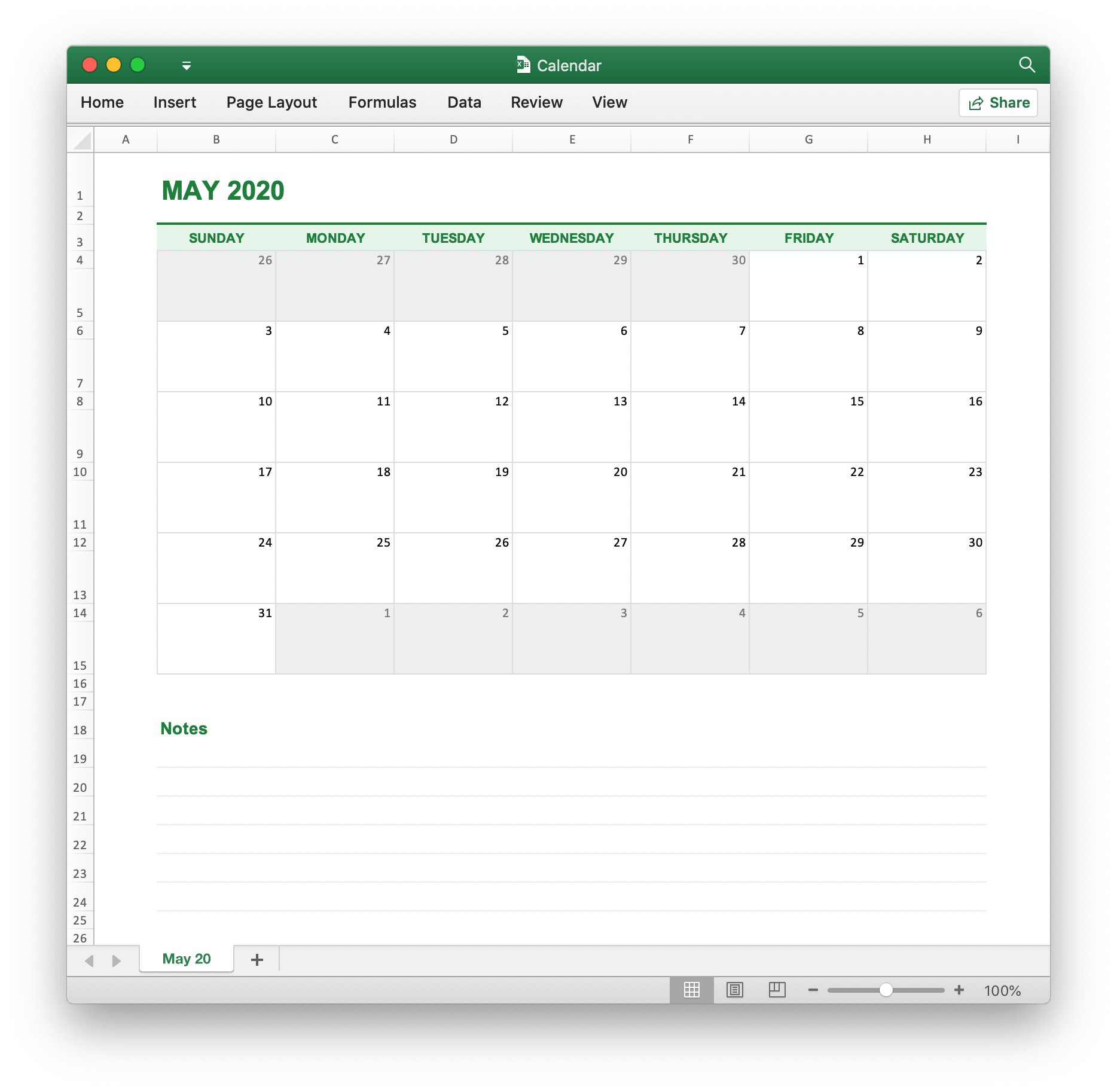 create calendar with excelize using Go