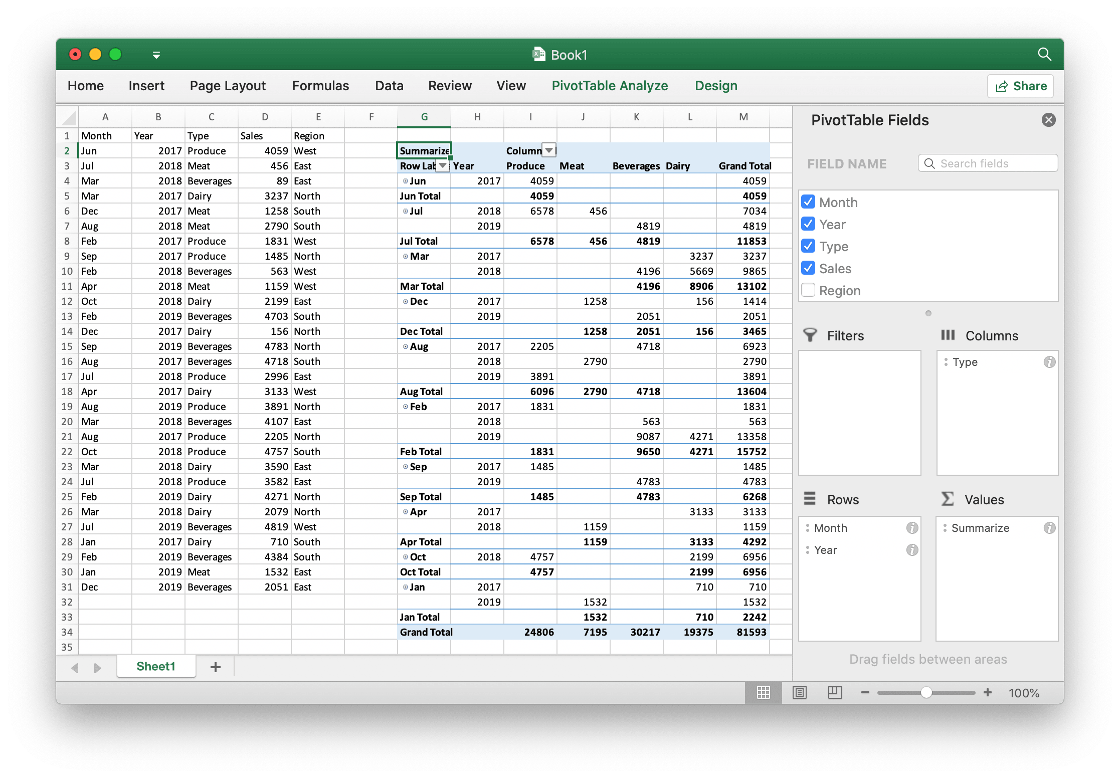 create pivot table with excelize using Go