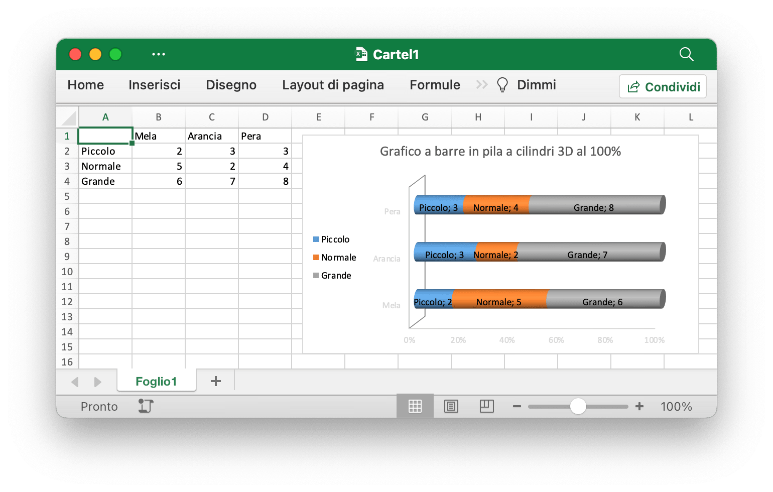 creare un grafico a barre in pila a cilindri 3D al 100% con Excelize utilizzando Go