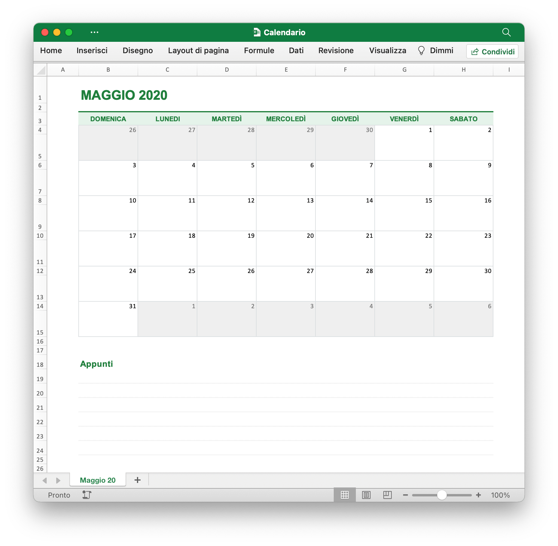 crea un calendario con Excelize utilizzando Go