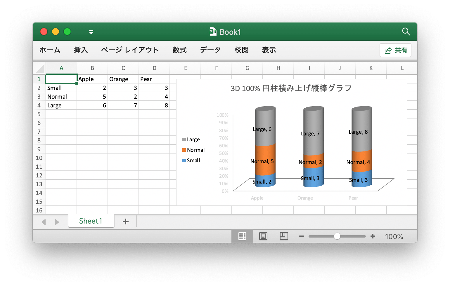 Go 言語を使用して Excel ドキュメントで 3D 100% 円柱積み上げ縦棒グラフ 作成する