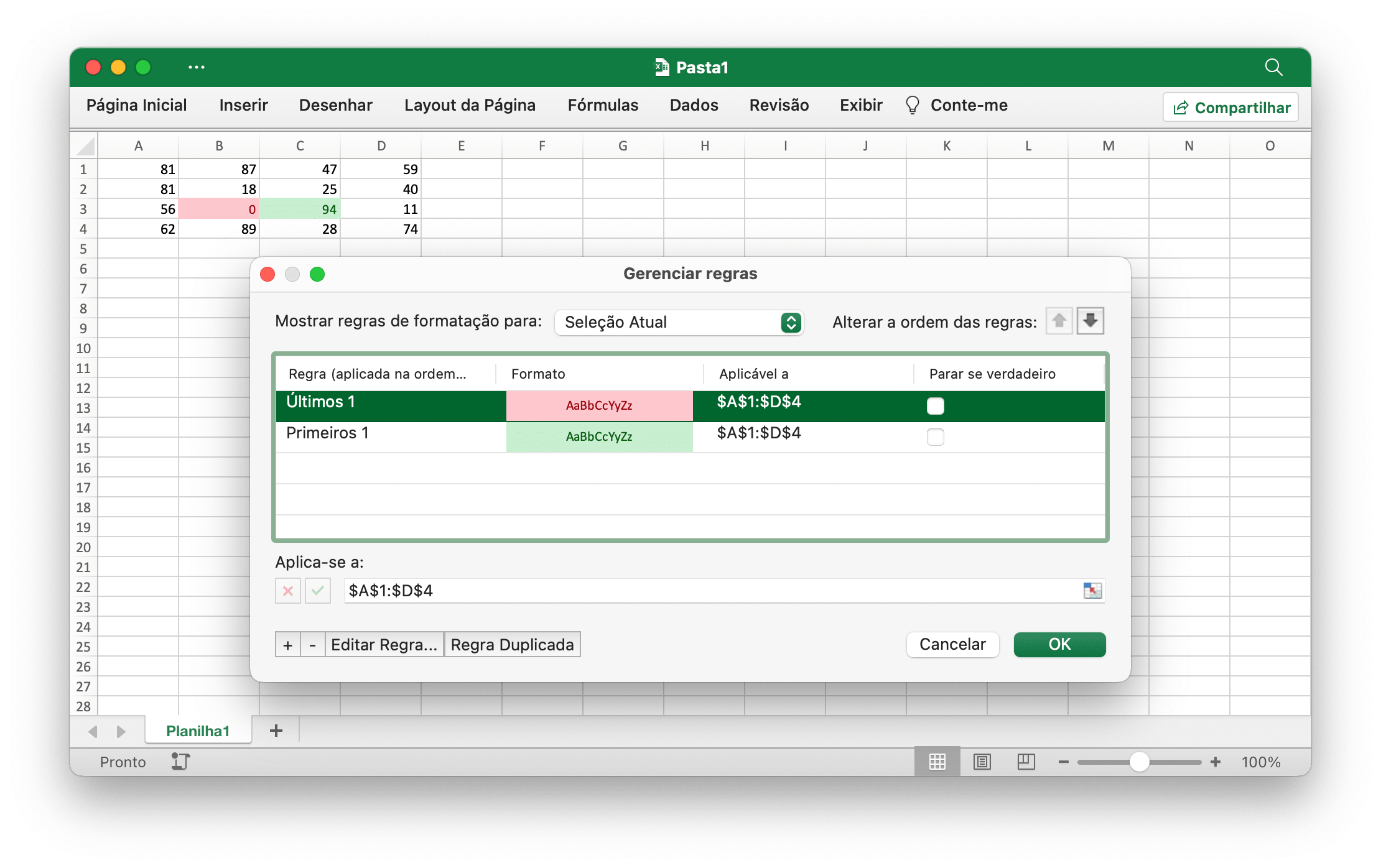 Definir formatação condicional em um intervalo de células