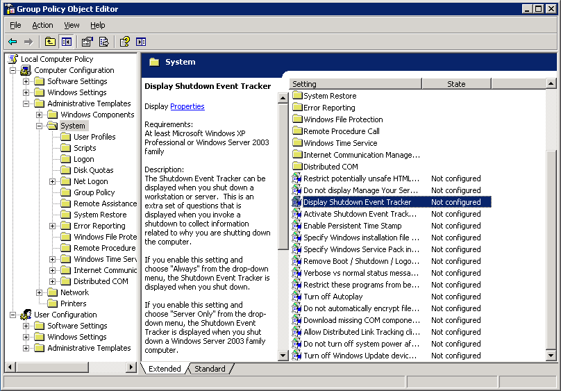 Disable the Shutdown Event Tracker in Windows Server 2003 R2