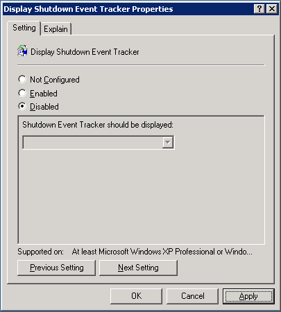 Disable the Shutdown Event Tracker in Windows Server 2003 R2