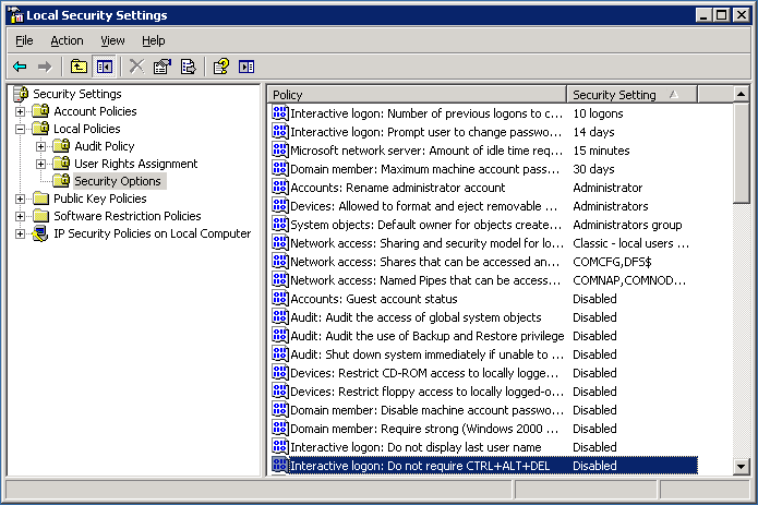 Disabling Windows Server 2003 Ctrl+ALT+DEL Logon Prompt