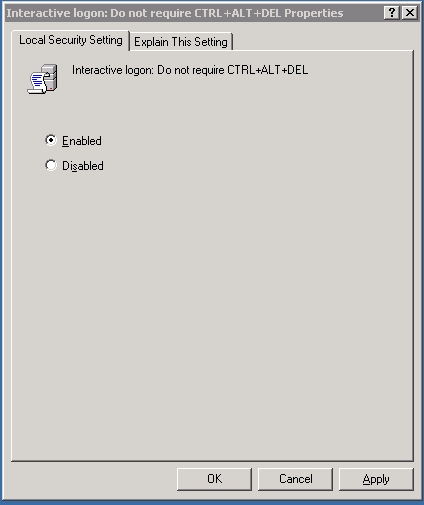 Disabling Windows Server 2003 Ctrl+ALT+DEL Logon Prompt