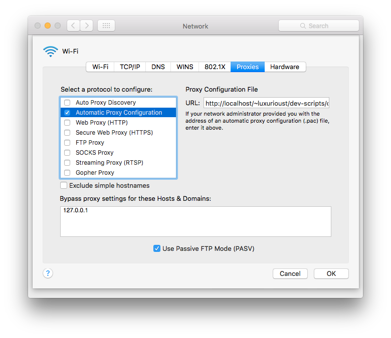 OS X PAC Global Automatic Proxy Settings